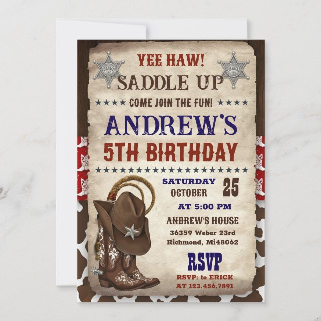 Convites Personal Country Western Cowboy Birthday (Frente)