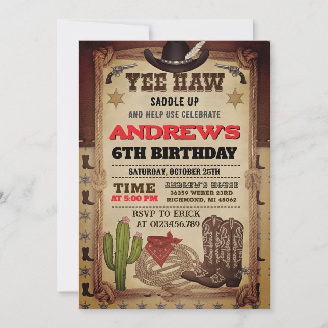 Convites Personal Cowboy Hat and Lasso Wild West Birthday (Frente)