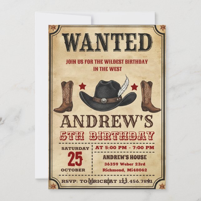 Convites Personal Cowboy Wild West Party Birthday (Frente)