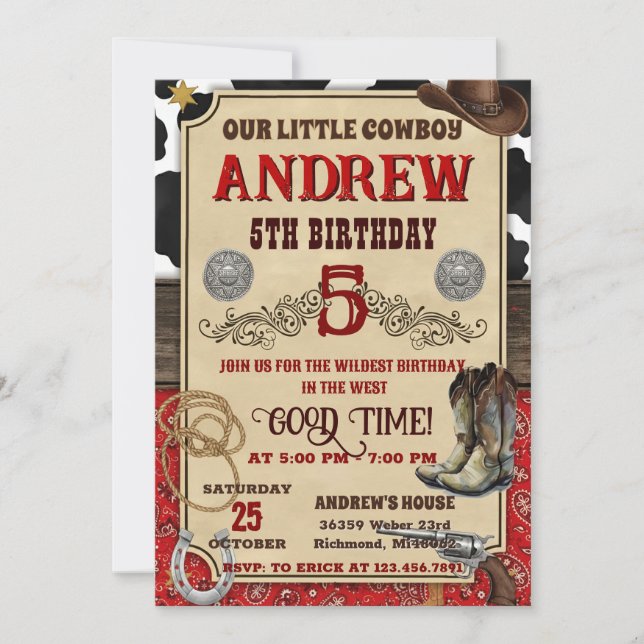 Convites Personal Cowboy Wild West Rustic Wood Birthday (Frente)