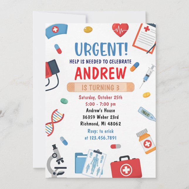 Convites Personal Digital Kids Doctor Birthday Invitation (Frente)