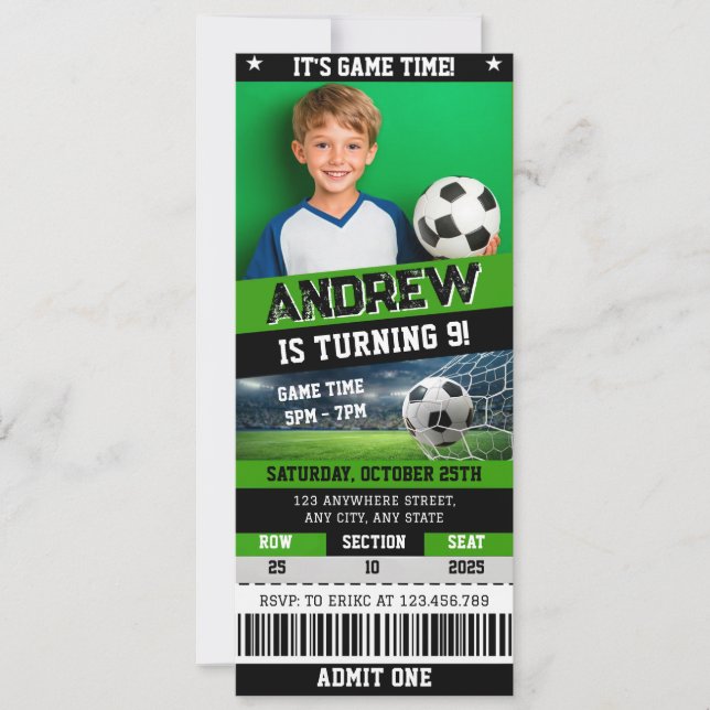 Convites Personal Digital Soccer Ticket Birthday Invitation (Frente)