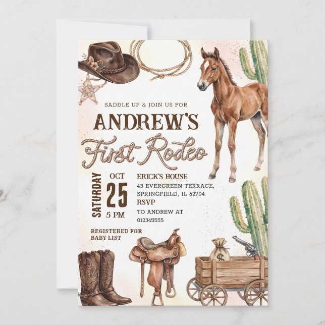 Convites Personal First Rodeo Baby Shower (Frente)