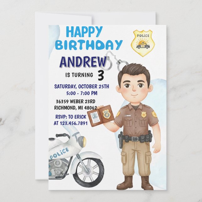 Convites Personal Modern Cop Party birthday invitation (Frente)