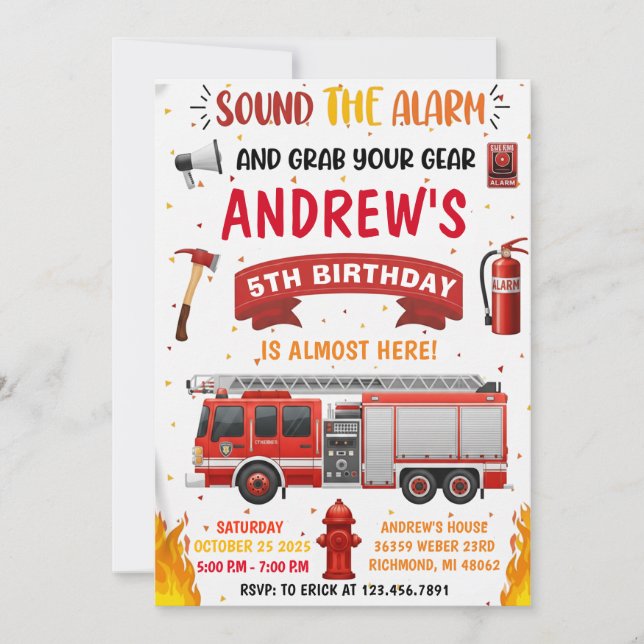 Convites Personal Modern Firetruck Birthday  (Frente)