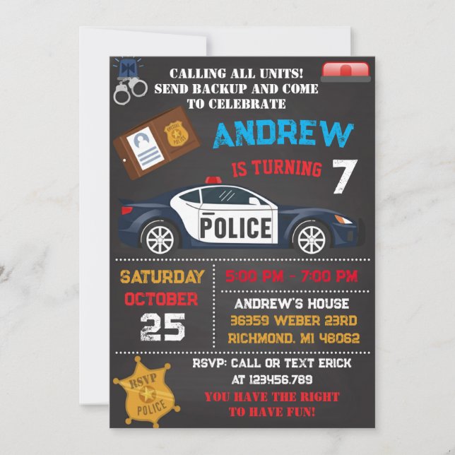 Convites Personal Modern Kids' Police Theme Birthday  (Frente)
