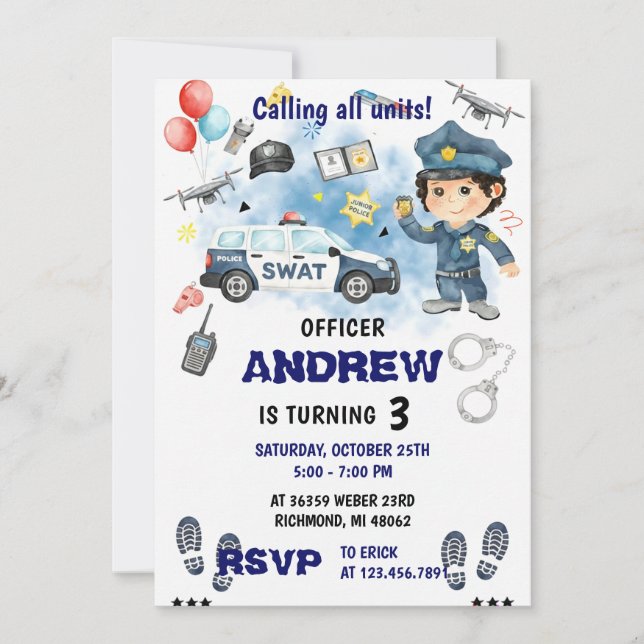 Convites Personal Modern Police Officer birthday Party  (Frente)