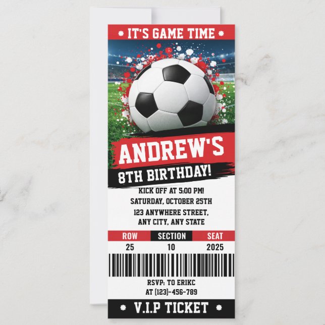 Convites Personal Red theme Soccer Ticket Birthday (Frente)