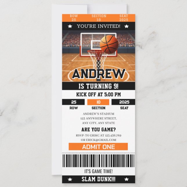 Convites Personal Slam Dunk Birthday Bash Sports Ticket  (Frente)