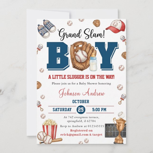 Convites Personal Slumdunk Oh Boy Baseball Baby Shower (Frente)