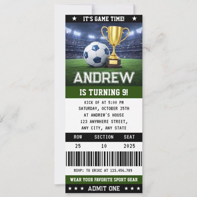 Convites Personal Soccer Ticket Birthday Decorations Party (Frente)