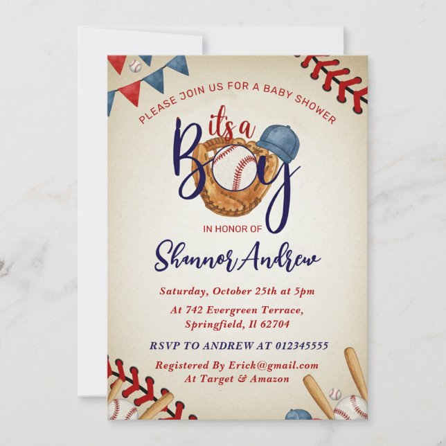 Convites Personal Vintage Baseball Baby Shower Bundle (Frente)