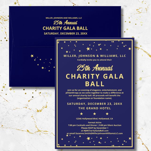 Convites Personalidade Dourada Elegante Azul de Bola de Car (Elegant Annual Charity Gala Ball Fundraiser Invitation in blue & gold. Also available with gold foil)