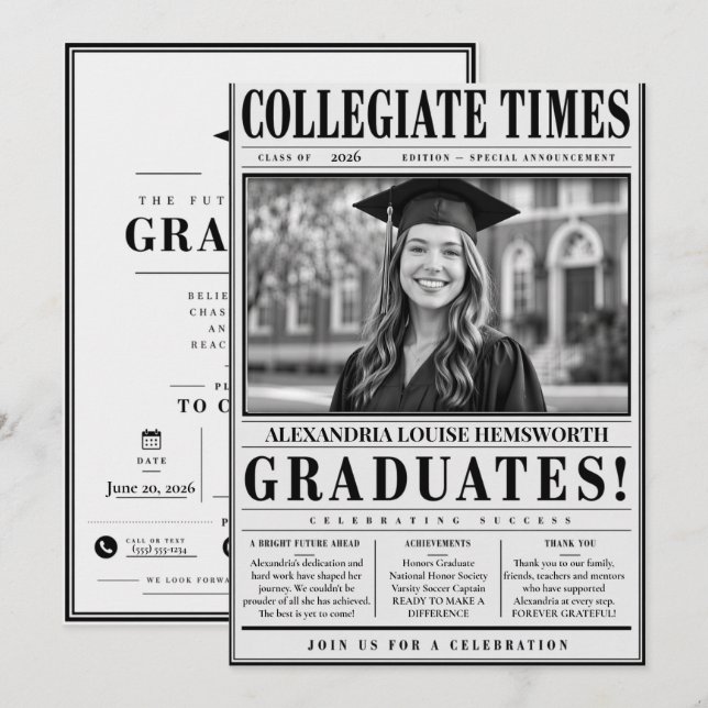 Convites Personalised Newspaper Graduation Invitation 2026 (Frente/Verso)