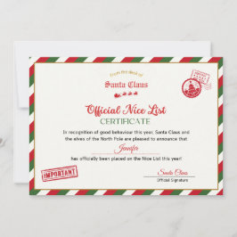 Convites Personalised Official Nice List Certificate Santa
