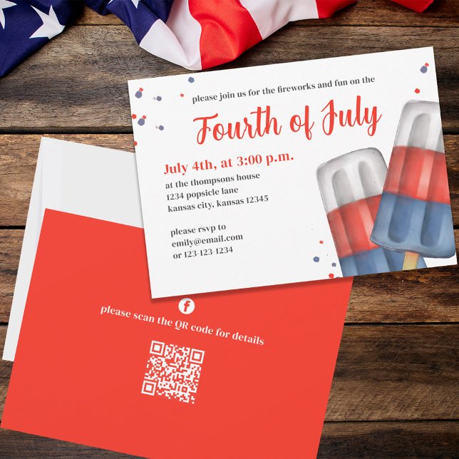 Convites Personalização da Festa de Verão de 4 de julho (Fourth of July party invitation with red, white, and blue popsicles. )