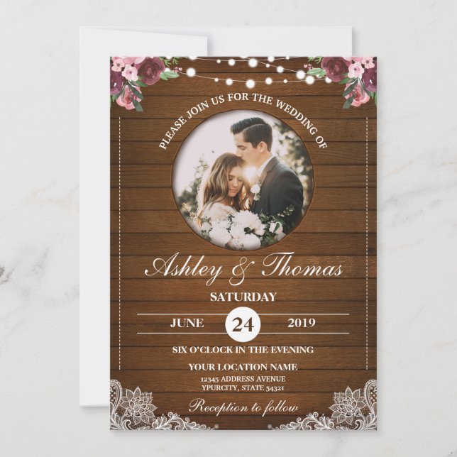 Convites Personalização da Foto de Casamento de Madeira Flo (Frente)