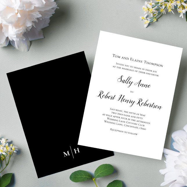 Convites Personalização de Casamento Simples Preto e Branco (Simple black and white calligraphy script wedding invitation.)