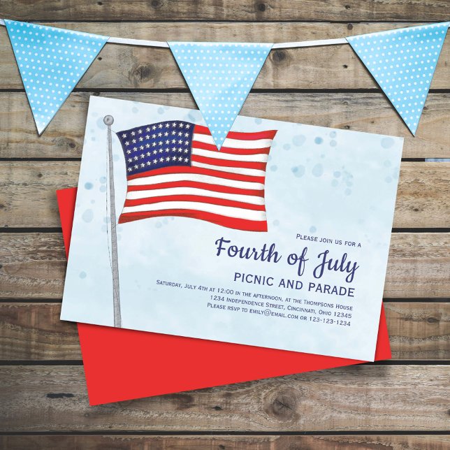 Convites Personalização do Sinalizador Azul e Branco em 4 d (Celebrate the Fourth of July in Style with this watercolor custom invitation. )