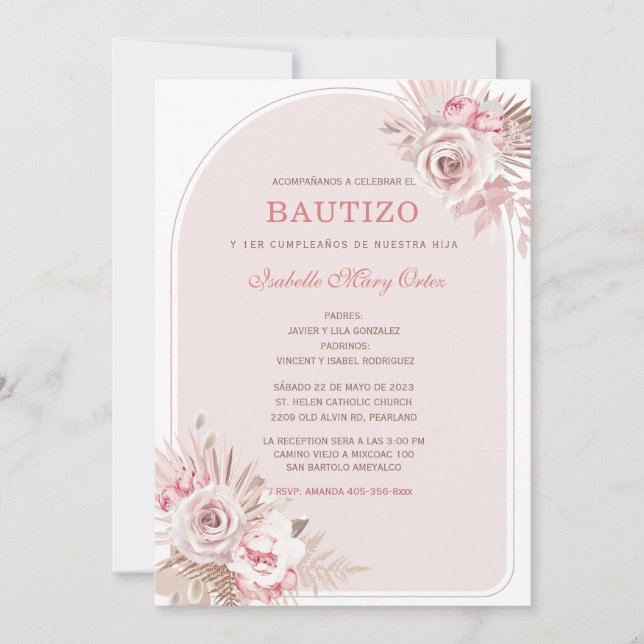 Convites Personalizada de Batizado para Menina com Flores R (Frente)