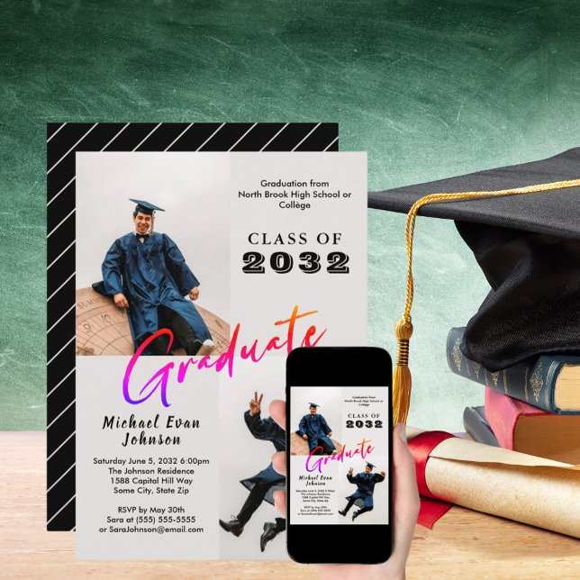 Convites Personalizado 2 Foto - Formando Striped Preto Clas (Custom 2 Photo Black Striped Graduate Class 20XX Invitation)