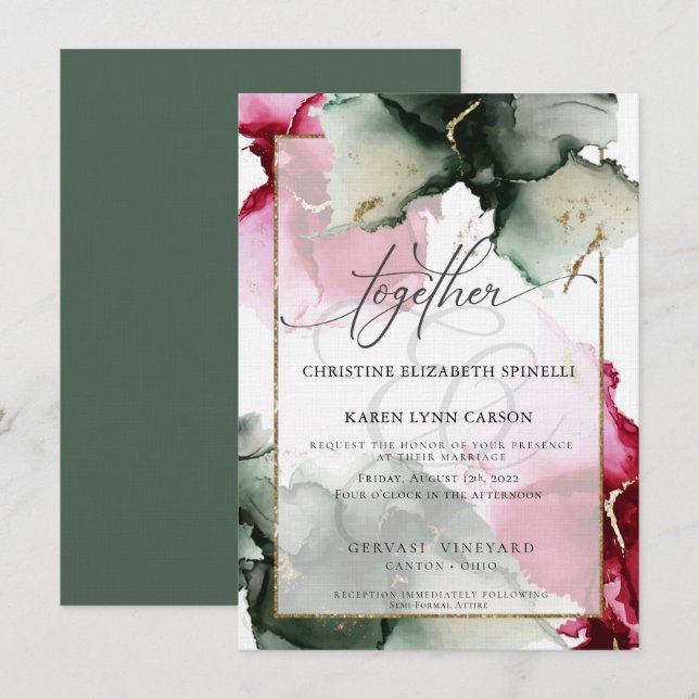 Convites PERSONALIZADO 4 Fuchsia e Sage Green Watercolor (Frente/Verso)