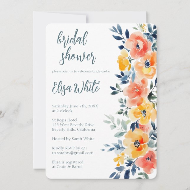 Convites PERSONALIZADO Chá de panela Floral de Aquarela (Frente)