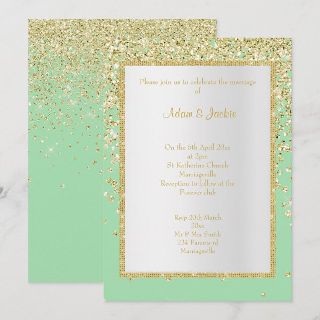 CONVITES PERSONALIZADO DE CASAMENTO DOURADO DE GREEN VERDE  (Frente/Verso)