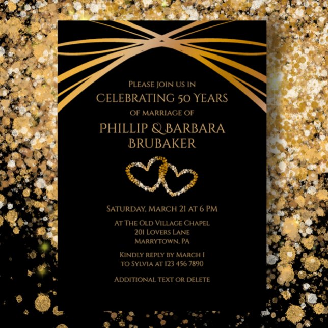 Convites Personalizado Elegante 50º Aniversário Corações Or (Custom 50th Wedding Anniversary Party Invitation, Golden Modern on Black, romantic hearts.)