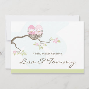 Convites Personalizado - Pássaros Bebês Rosa Gêmeos