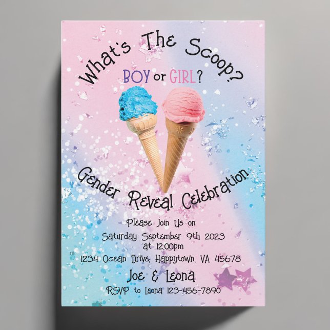 Convites Personalizado Qual é a Revelação de Gênero da Colu (What's The Scoop Ice Cream Gender Reveal Party Invitation)