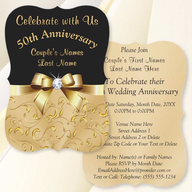 Convites Personalizados de Aniversário de 50 Anos  (Black and Gold 50th Anniversary Invitations. 50th wedding anniversary invitations. 50th anniversary.)
