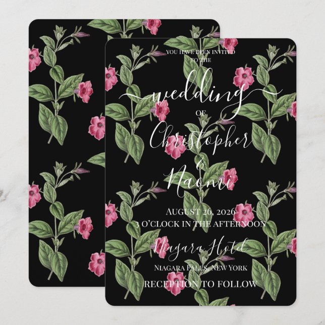 Convites PERSONALIZAR: Flores Rosa Retrô em Preto (Frente/Verso)