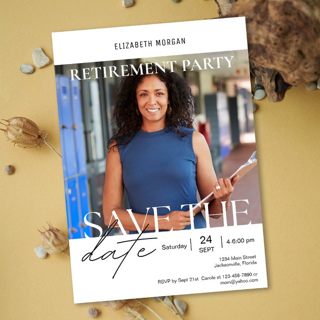 Convites Personalizar Foto Moderna do Participante de Apose (Custom Photo Modern Retirement Party Save the Date Invitation)