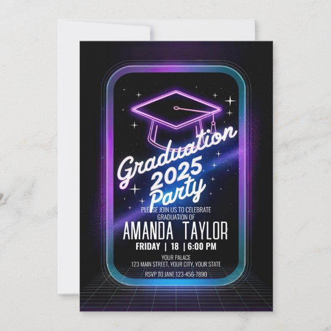 Convites Personalizar Fúria de Graduação de Janto Roxo Neon (Frente)