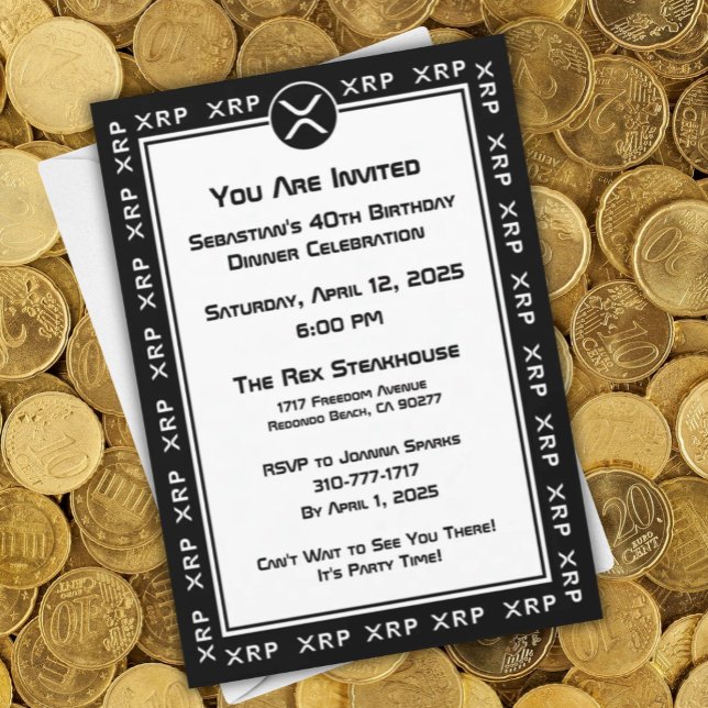 Convites Personalizar Moeda de Criptografia Preta e Branca  (XRP Black and White Personalized Party Invitation for
Crypto Currency Enthusiasts)