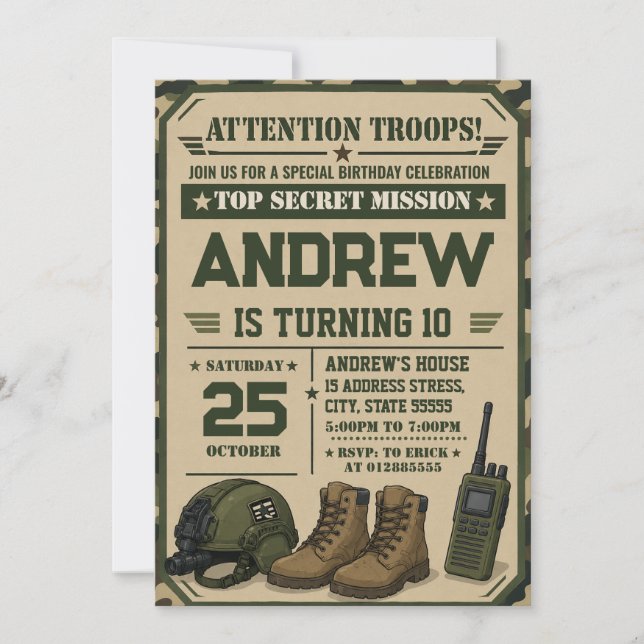 Convites Personalize Aniversário do Exército Militar (Frente)