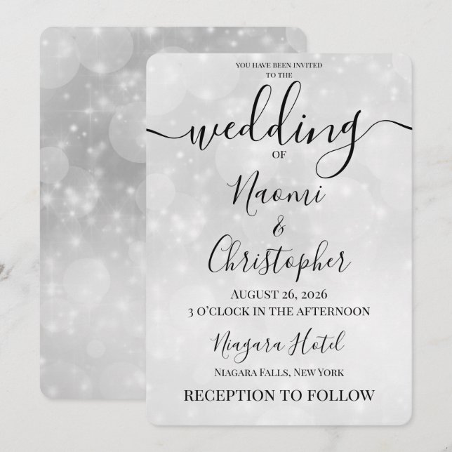 Convites Personalize: Casamento Bokeh com Desfoque Cinza Mí (Frente/Verso)