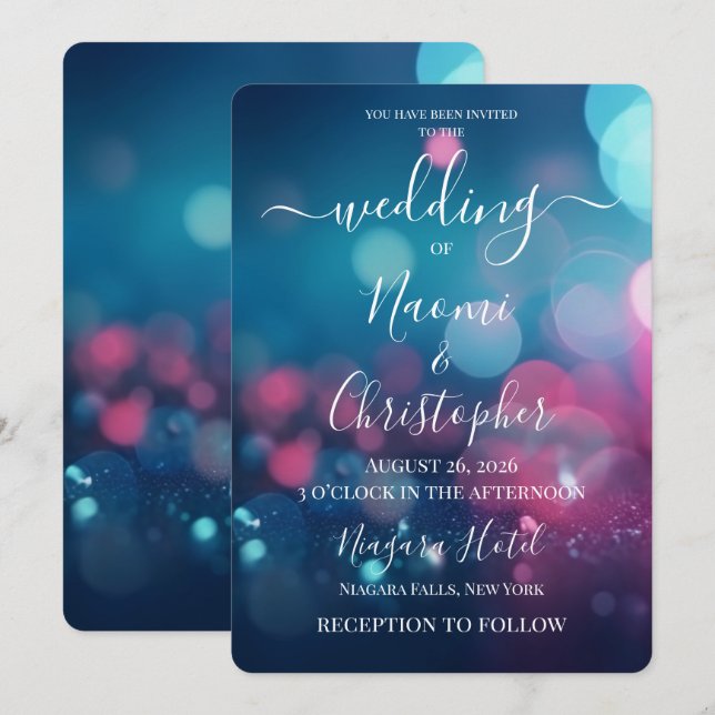 Convites PERSONALIZE: Casamento Bokeh Rosa Azul (Frente/Verso)