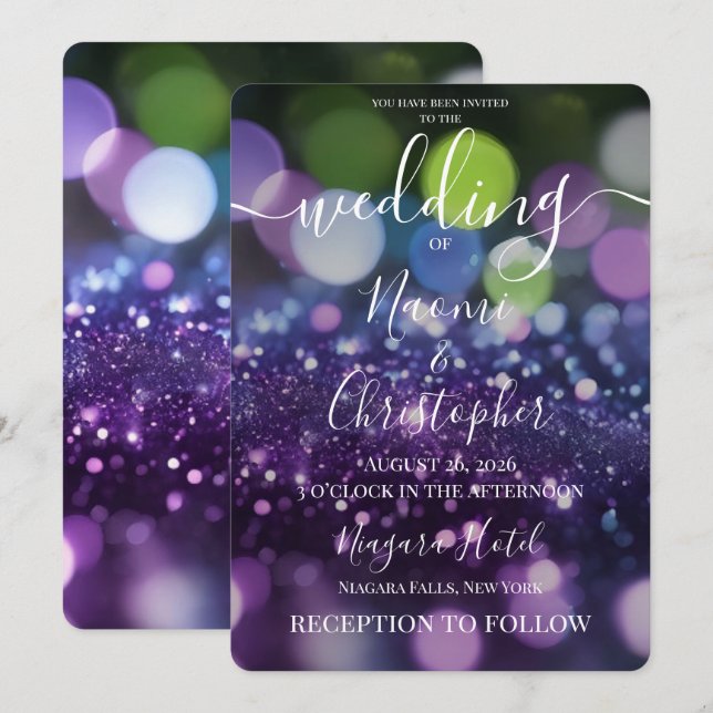 Convites Personalize: Casamento Bokeh Roxo Verde (Frente/Verso)