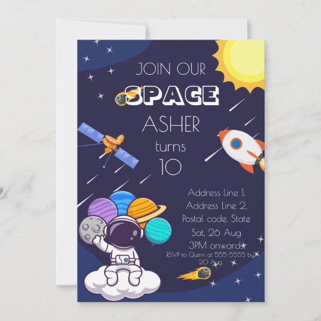 Convites Personalize Cute Blue Space Astronaut Boy Birthday (Frente)