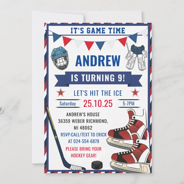 Convites Personalize Ice Hockey Birthday Sports Party  (Frente)
