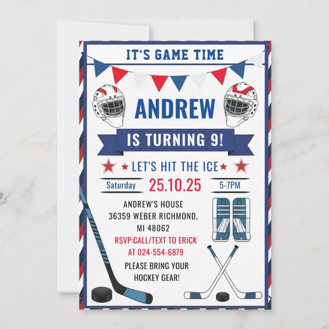 Convites Personalize Ice Hockey Birthday Sports with Photo (Frente)