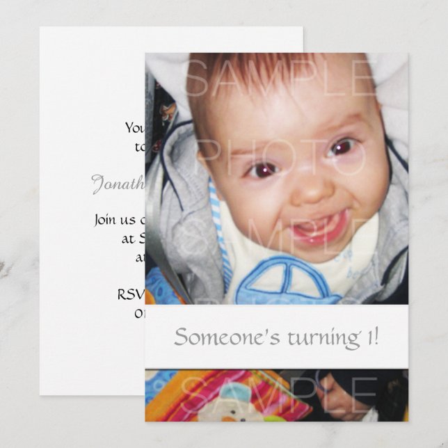 Convites Personalize-o com sua foto de bebê Aniversário Con (Frente/Verso)