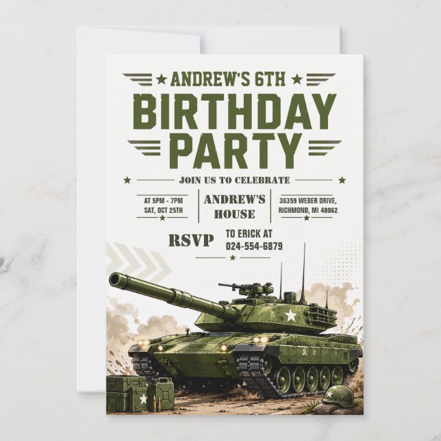 Convites Personalize Tanque Militar de Aniversário (Frente)