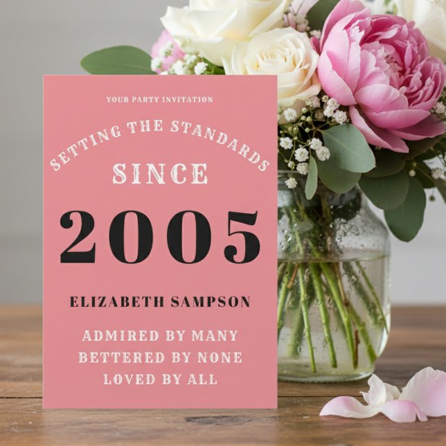 Convites Personalized 21st Birthday 2005 Add Your Name Pink (2005 birthday invitation on a table with flowers.)