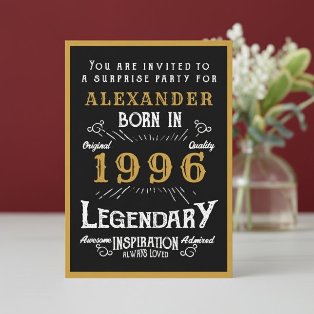 Convites Personalized 30th Birthday 1996 Black Gold Legend (1996 birthday invitation. White and red background.)