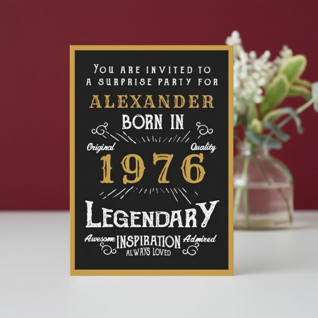 Convites Personalized 50th Birthday 1976 Black Gold Legend (1976 birthday invitation. White and red background.)