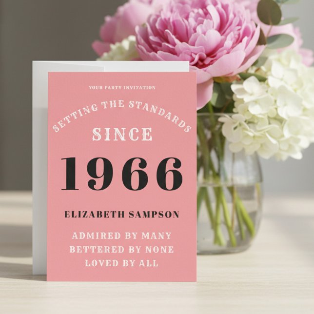Convites Personalized 60th Birthday 1966 Add Your Name Pink (1966 pink birthday invitation on a table with flowers.)