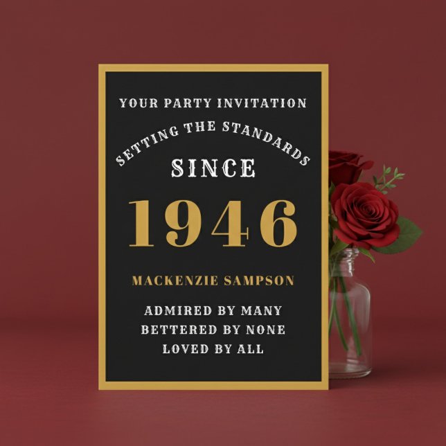 Convites Personalized 80th Birthday 1946 Elegant Black Gold (1946 birthday invitation. Red background.)